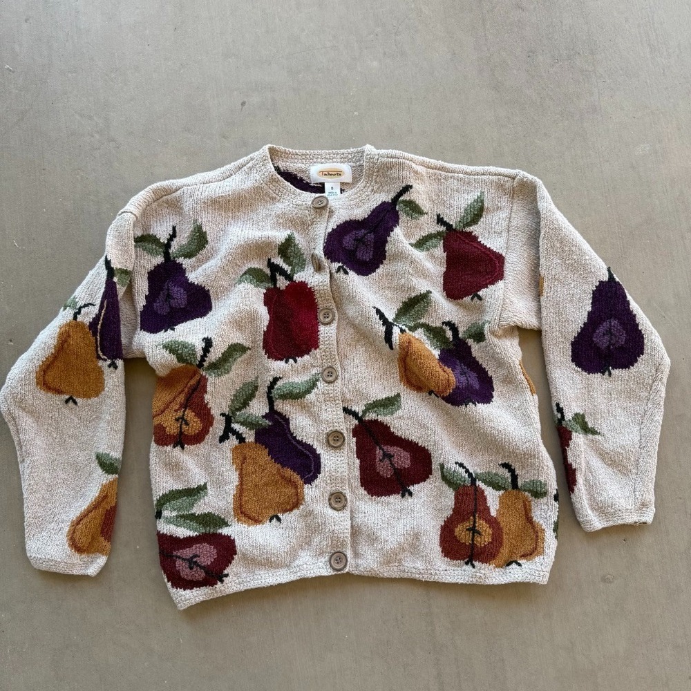 Talbots Fruit Knit Cardigan Sweater Womens Small Pear Apple Vintage